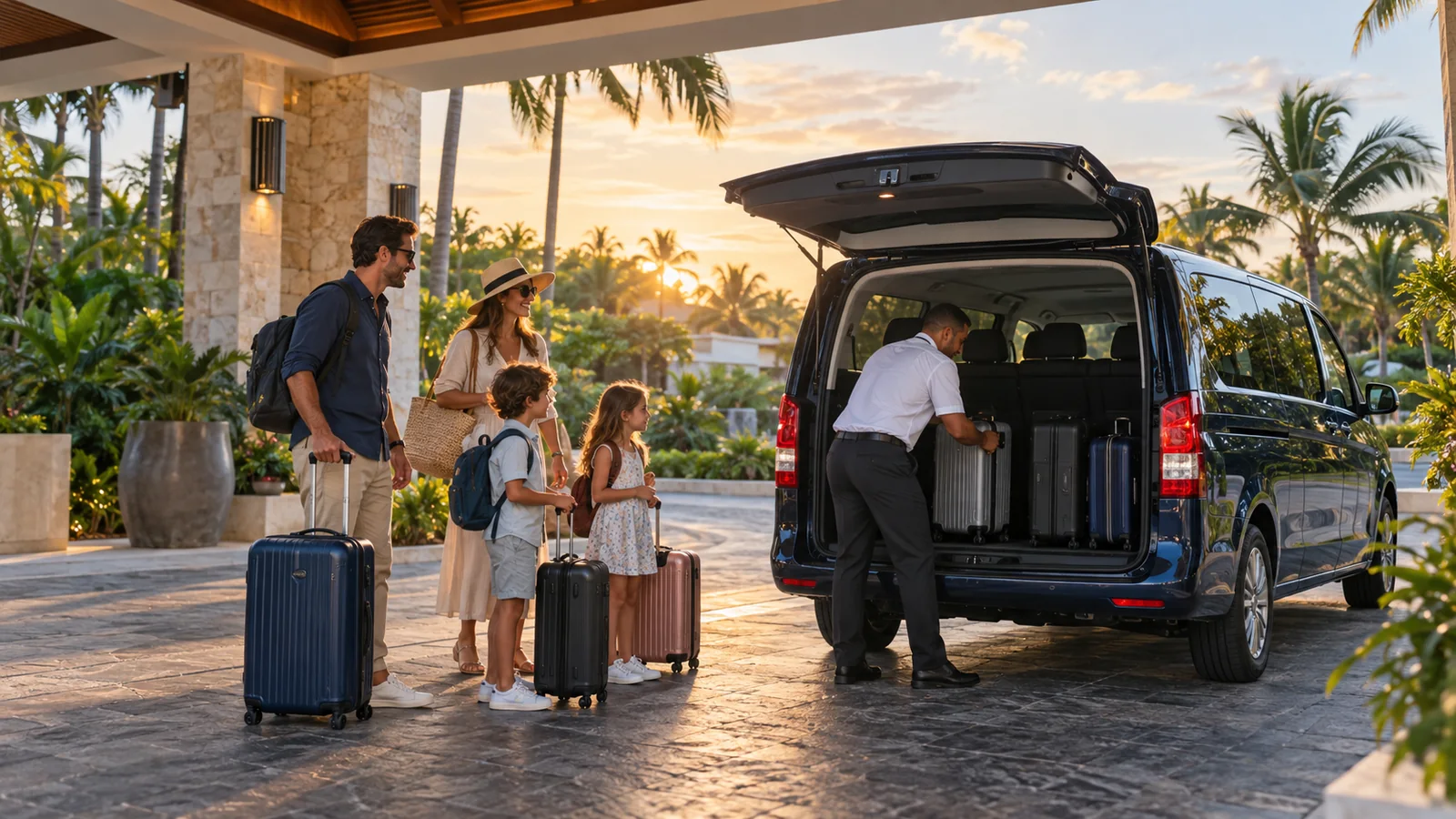 Family leaving a Punta Cana resort at dawn in a private airport transfer van