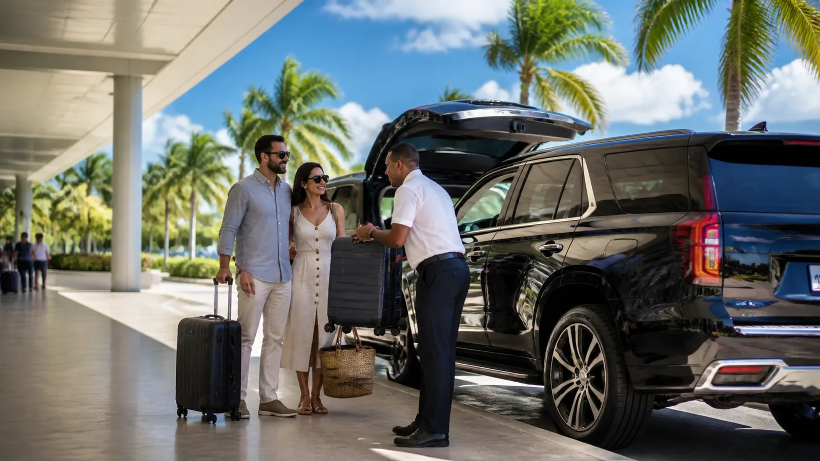 Private SUV pickup at Punta Cana Airport with driver helping travelers with luggage