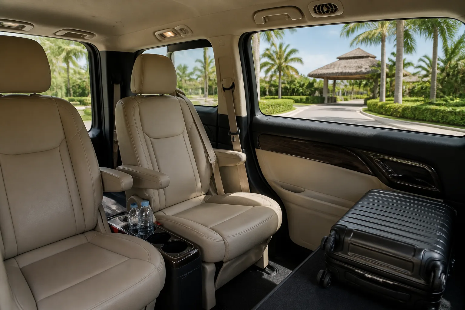 Comfortable private transfer vehicle interior with luggage space