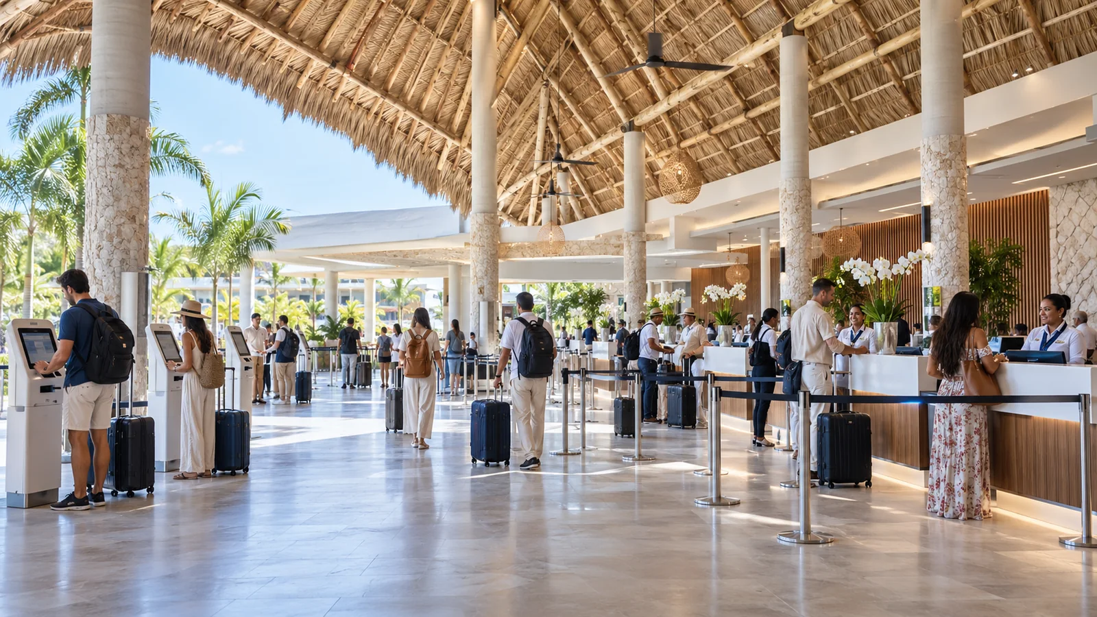 Travelers using modern check-in counters inside a bright Punta Cana airport terminal